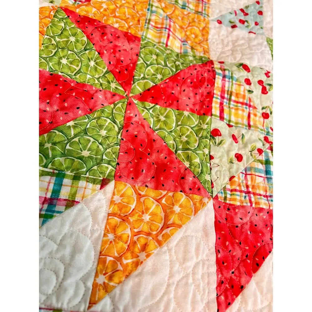 quilt pinwheel block lap couch blanket hand made whimsical fruit print 45